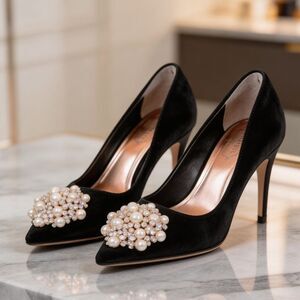TED BAKER LONDON WOMENS DAHRLIN BLACK VELVET PUMPS WITH BROOCH SIZE 39 OR 8